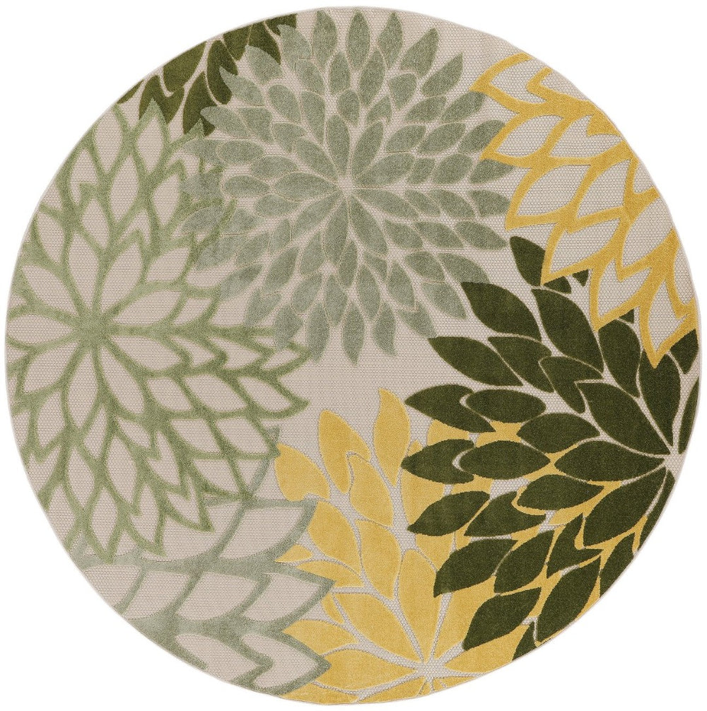 HomeRoots 8' Round Floral Area Rug in Ivory, Green & Yellow – Durable, Stain-Resistant for Indoor/Outdoor Use 548061