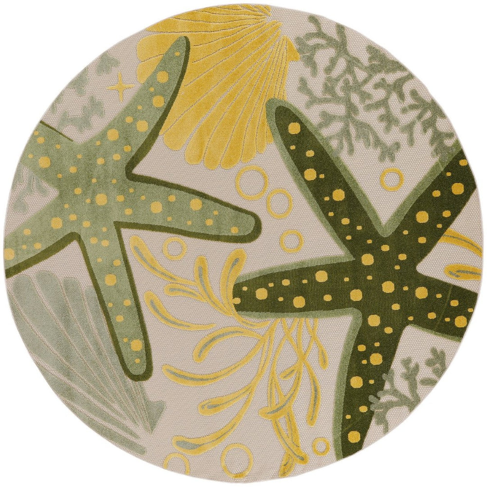 HomeRoots 8' Round Starfish Area Rug in Ivory, Green & Yellow – Durable Indoor/Outdoor Coastal Charm Decor 548062
