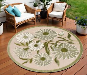 HomeRoots 8' Ivory and Green Round Floral Area Rug – Indoor/Outdoor, Durable, Stain-Resistant, Easy Care 548063