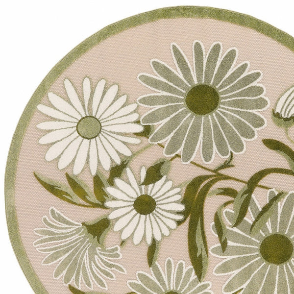 HomeRoots 8' Ivory and Green Round Floral Area Rug – Indoor/Outdoor, Durable, Stain-Resistant, Easy Care 548063