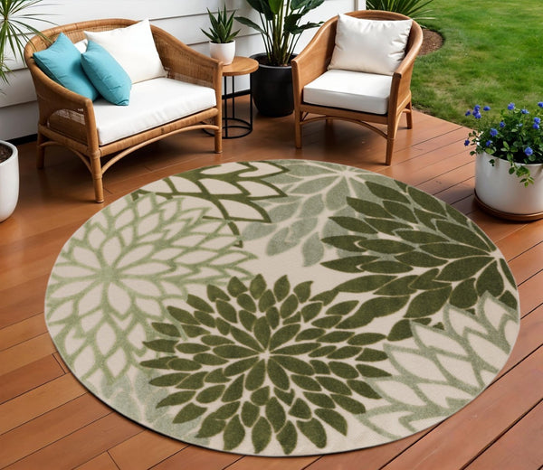 HomeRoots 8' Elegant Ivory and Green Round Floral Area Rug for Indoor/Outdoor Use - Durable, Stylish & Versatile 548064