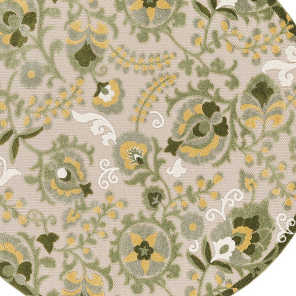 HomeRoots 8' Round Floral Area Rug in Ivory, Green & Yellow - Durable Indoor/Outdoor Decor for Any Space 548065