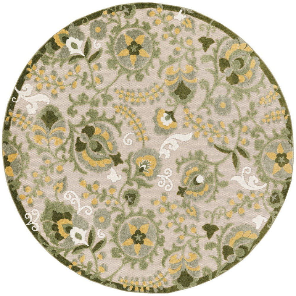 HomeRoots 8' Round Floral Area Rug in Ivory, Green & Yellow - Durable Indoor/Outdoor Decor for Any Space 548065