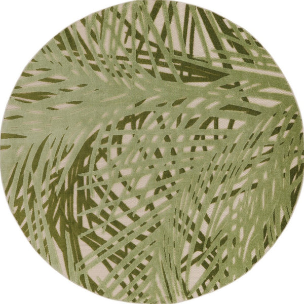 HomeRoots 8' Ivory and Green Round Palm Leaf Rug – Durable Indoor/Outdoor Area Rug for Coastal Elegance & Easy Care 548067