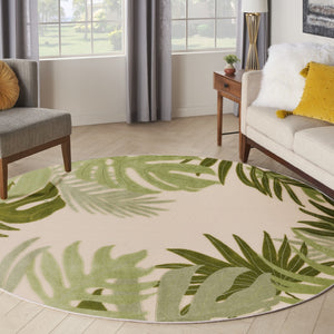 HomeRoots 8' Ivory Green Round Palm Leaf Area Rug - Coastal Charm for Indoor & Outdoor Spaces, Durable Design 548068