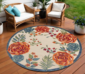 HomeRoots 8' Round Floral Area Rug in Vibrant Ivory, Orange, Green & Blue – Durable Indoor/Outdoor Style 548069