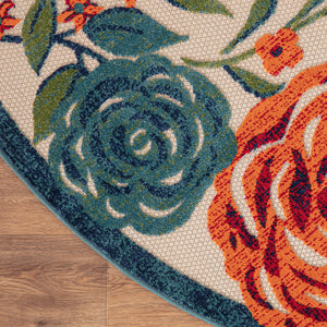HomeRoots 8' Round Floral Area Rug in Vibrant Ivory, Orange, Green & Blue – Durable Indoor/Outdoor Style 548069