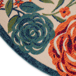 HomeRoots 8' Round Floral Area Rug in Vibrant Ivory, Orange, Green & Blue – Durable Indoor/Outdoor Style 548069