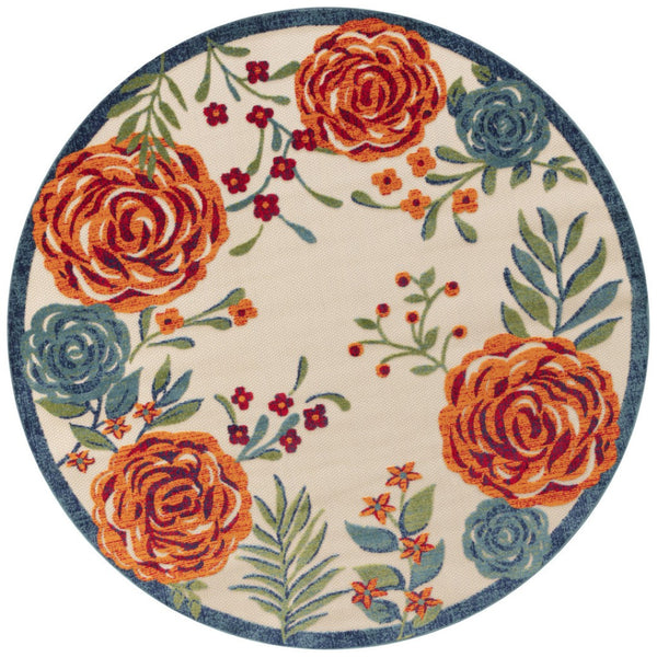 HomeRoots 8' Round Floral Area Rug in Vibrant Ivory, Orange, Green & Blue – Durable Indoor/Outdoor Style 548069