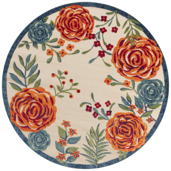 HomeRoots 8' Round Floral Area Rug in Vibrant Ivory, Orange, Green & Blue – Durable Indoor/Outdoor Style 548069