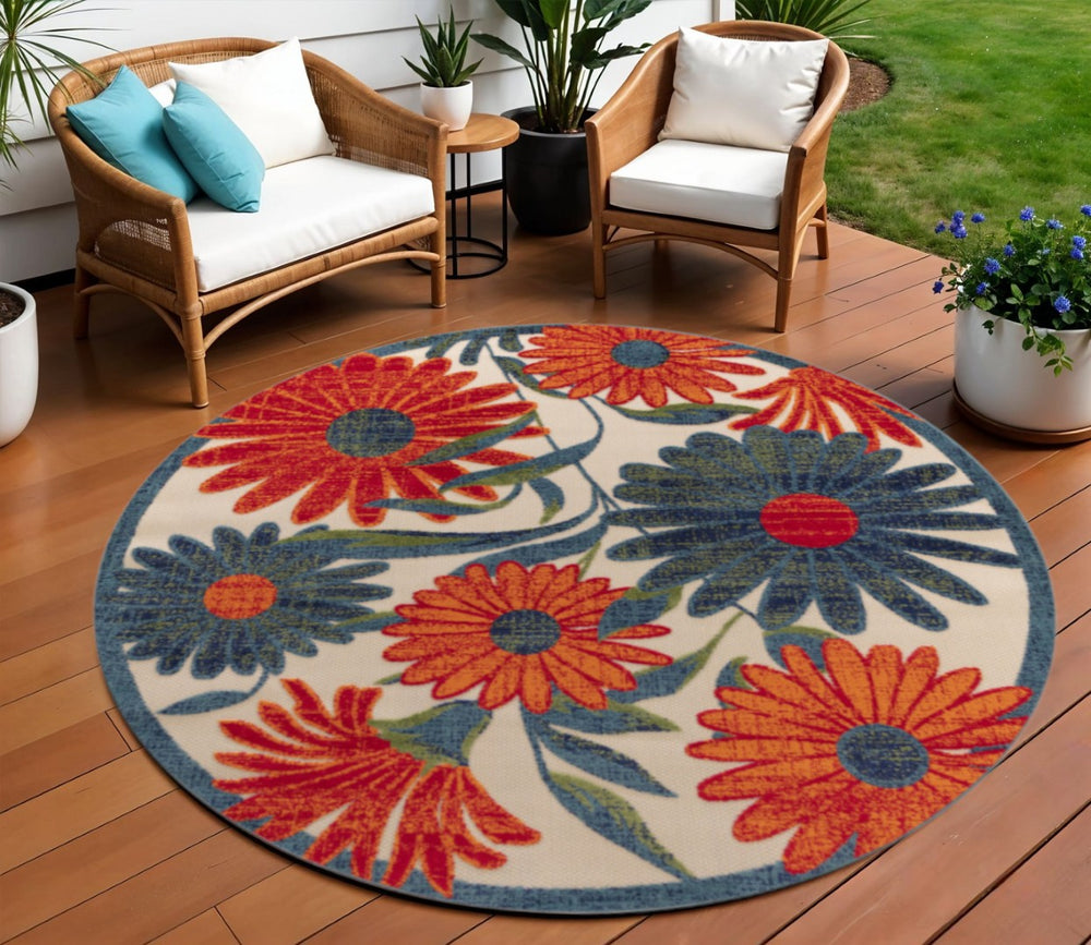 HomeRoots 8' Round Floral Area Rug in Ivory, Orange & Blue - Durable, Stylish Indoor/Outdoor Decor for Any Space 548070