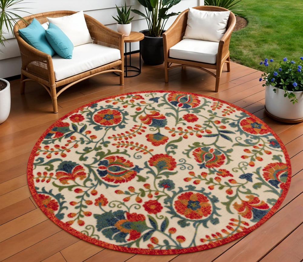 HomeRoots 8' Vibrant Round Floral Area Rug - Durable Indoor/Outdoor Floor Covering in Red, Gold, Teal & Green 548071