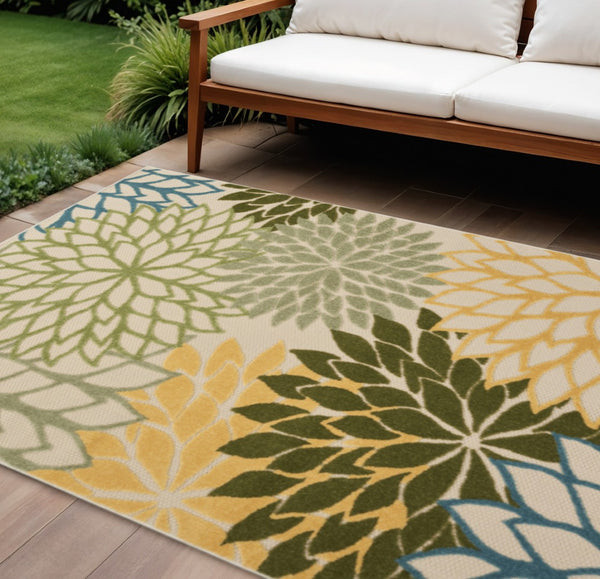 HomeRoots 6' X 9' Floral Indoor/Outdoor Area Rug – Dark Green, Yellow & Blue – Durable, Easy-Clean Design! 548073