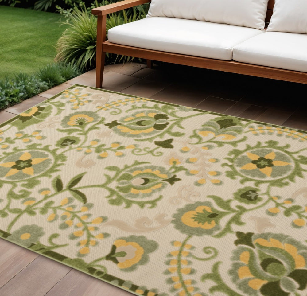 HomeRoots 6' X 9' Floral Ivory Green Yellow Area Rug – Durable, Easy-Care Design for Indoor & Outdoor Spaces 548078