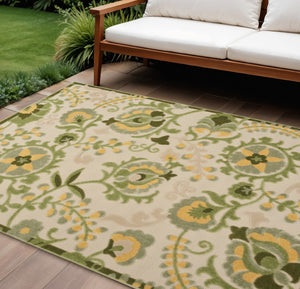 HomeRoots 6' X 9' Floral Ivory Green Yellow Area Rug – Durable, Easy-Care Design for Indoor & Outdoor Spaces 548078