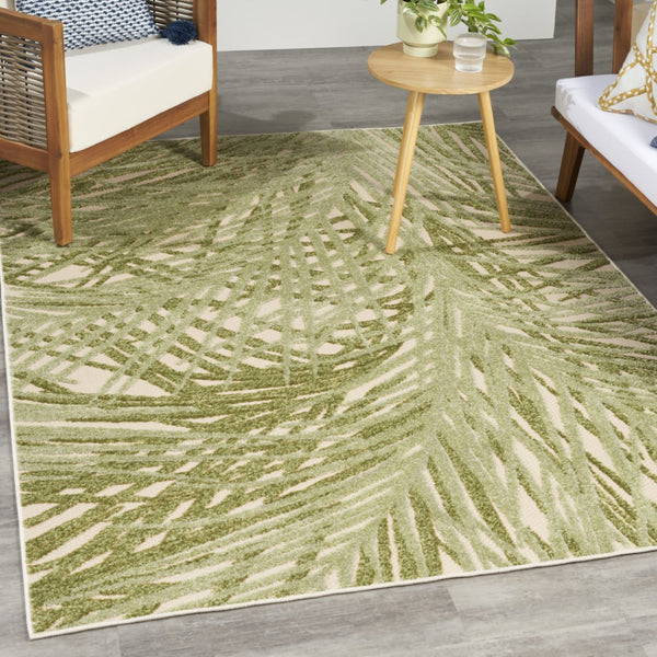 HomeRoots 6' X 9' Ivory Green Palm Leaf Area Rug – Durable Indoor Outdoor Decor for Coastal Living Spaces 548080