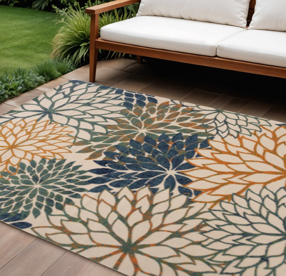HomeRoots 8' Vibrant Blue Green Orange Floral Area Rug – Durable Indoor/Outdoor Design for High Traffic Areas 548082