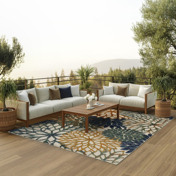 HomeRoots 8' Vibrant Blue Green Orange Floral Area Rug – Durable Indoor/Outdoor Design for High Traffic Areas 548082