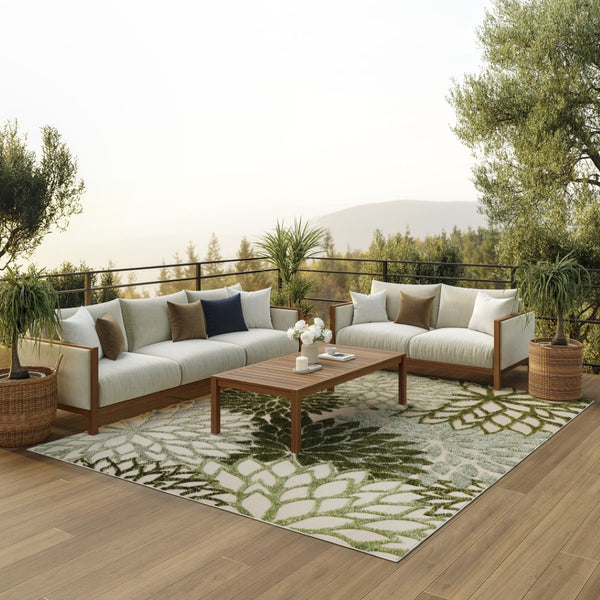 HomeRoots 8' X 11' Ivory and Green Floral Area Rug - Stylish, Durable, All-Weather Design for Indoor & Outdoor Use 548087