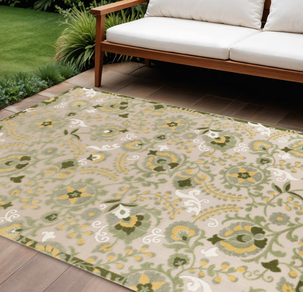 HomeRoots 8' X 11' Floral Area Rug - Elegant Ivory, Green & Yellow Design for Indoor/Outdoor Durability & Style 548088