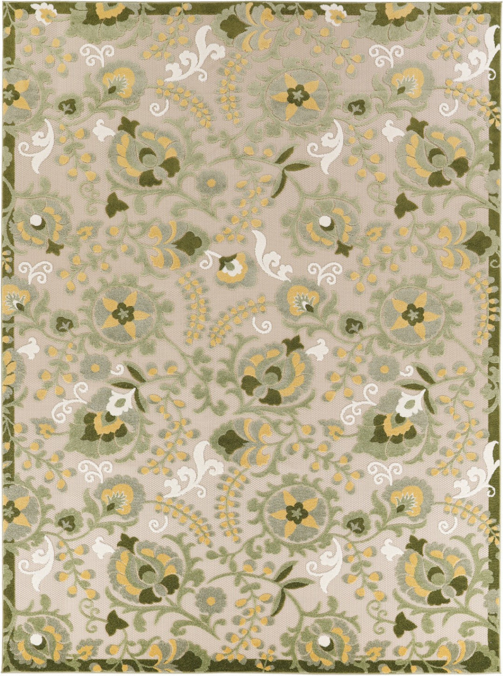 HomeRoots 8' X 11' Floral Area Rug - Elegant Ivory, Green & Yellow Design for Indoor/Outdoor Durability & Style 548088