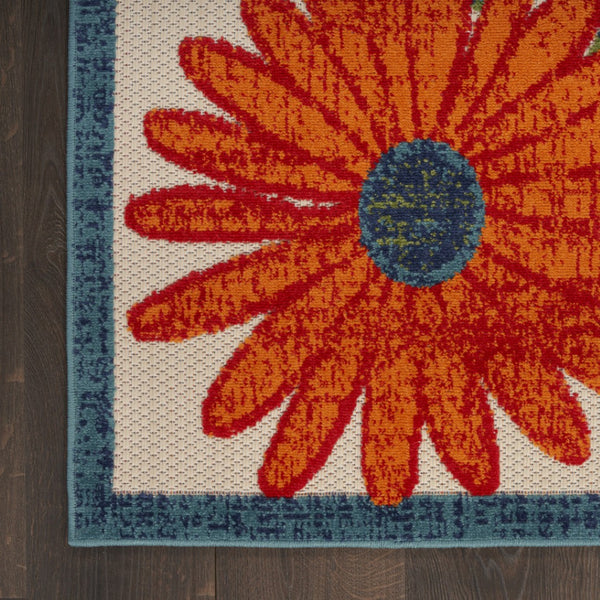 HomeRoots 8' X 11' Floral Indoor Outdoor Area Rug in Ivory, Blue & Orange - Durable, Easy Care, Versatile Design 548093