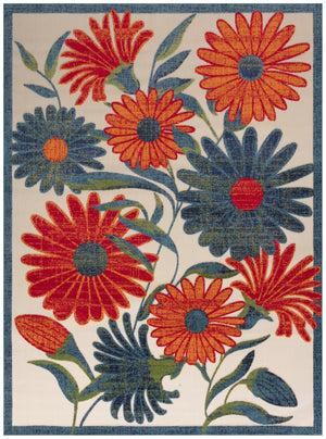 HomeRoots 8' X 11' Floral Indoor Outdoor Area Rug in Ivory, Blue & Orange - Durable, Easy Care, Versatile Design 548093