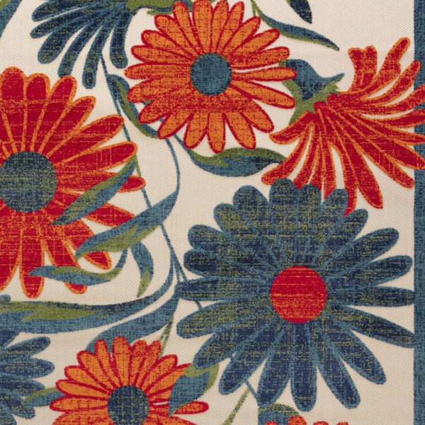HomeRoots 8' X 11' Floral Indoor Outdoor Area Rug in Ivory, Blue & Orange - Durable, Easy Care, Versatile Design 548093