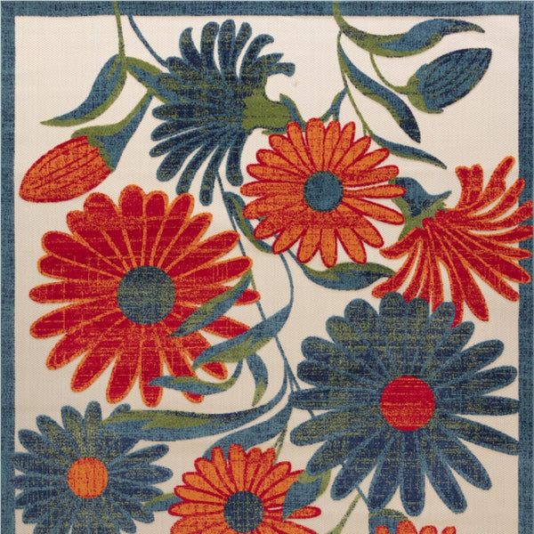 HomeRoots 8' X 11' Floral Indoor Outdoor Area Rug in Ivory, Blue & Orange - Durable, Easy Care, Versatile Design 548093