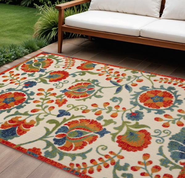 HomeRoots 8' Vibrant Floral Area Rug in Red, Gold, Teal, Blue & Green – Indoor/Outdoor Durable Design! 548094