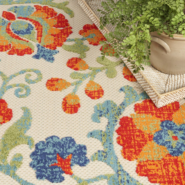 HomeRoots 8' Vibrant Floral Area Rug in Red, Gold, Teal, Blue & Green – Indoor/Outdoor Durable Design! 548094