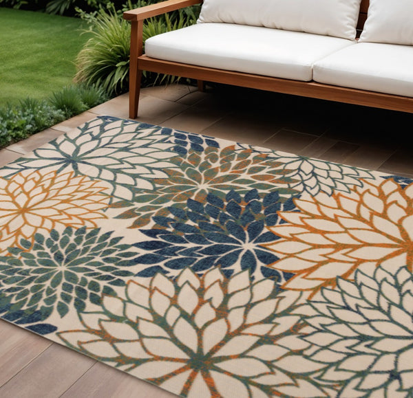 HomeRoots 10' Vibrant Floral Indoor Outdoor Area Rug - Blue Green Orange, Durable, Easy to Clean, Versatile Design 548095
