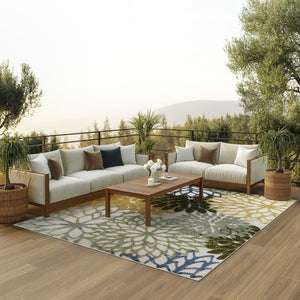 HomeRoots 10' Elegant Floral Area Rug - Durable Ivory Green Yellow Blue Design for Indoor & Outdoor Spaces 548097