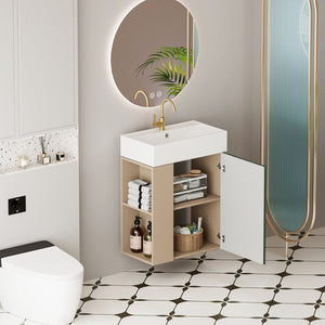 English Elm 21.6" Floating Bathroom Vanity with Ceramic Sink Soft Close Cabinet and Open Shelf W1920S00193