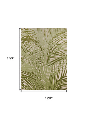 HomeRoots 10' Tropical Palm Leaf Area Rug - Durable Ivory & Green Indoor/Outdoor Design for High-Traffic Areas 548103