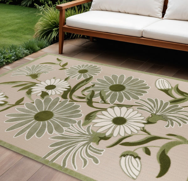 HomeRoots 9' X 12' Ivory and Green Floral Area Rug - Durable Indoor/Outdoor Design for High-Traffic Spaces 548114