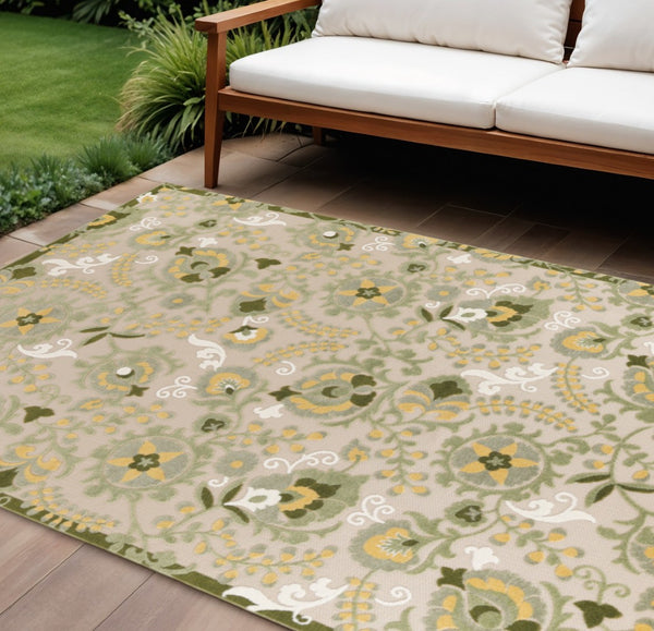 HomeRoots 9' Durable Ivory Green and Yellow Floral Area Rug - Perfect for Indoor & Outdoor Spaces, Easy Care! 548116