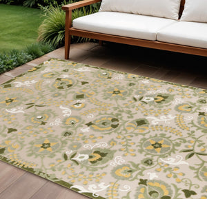 HomeRoots 9' Durable Ivory Green and Yellow Floral Area Rug - Perfect for Indoor & Outdoor Spaces, Easy Care! 548116