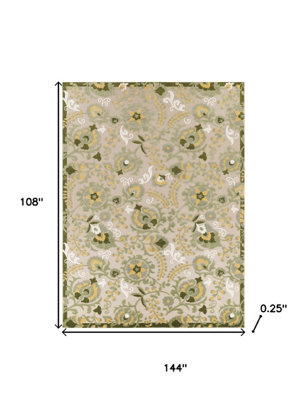 HomeRoots 9' Durable Ivory Green and Yellow Floral Area Rug - Perfect for Indoor & Outdoor Spaces, Easy Care! 548116