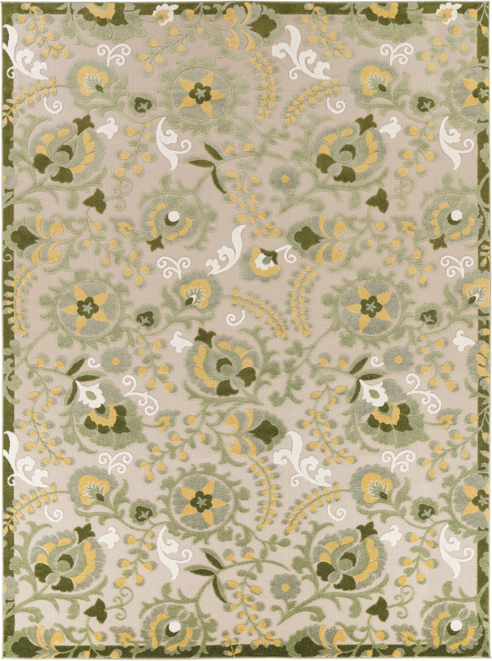 HomeRoots 9' Durable Ivory Green and Yellow Floral Area Rug - Perfect for Indoor & Outdoor Spaces, Easy Care! 548116