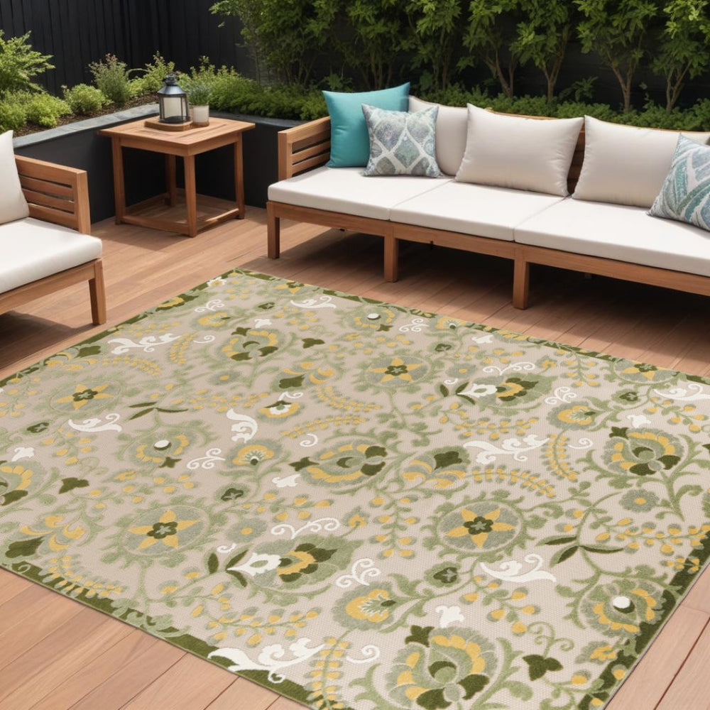 HomeRoots 12' Indoor/Outdoor Area Rug - Elegant Floral Design in Ivory, Green & Yellow Perfect for Any Space 548129