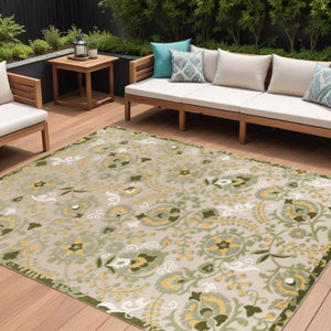 HomeRoots 12' Indoor/Outdoor Area Rug - Elegant Floral Design in Ivory, Green & Yellow Perfect for Any Space 548129