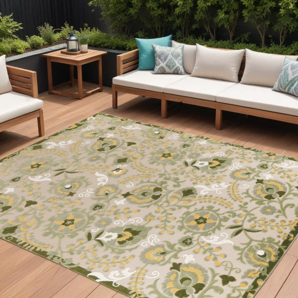 HomeRoots 12' Indoor/Outdoor Area Rug - Elegant Floral Design in Ivory, Green & Yellow Perfect for Any Space 548129