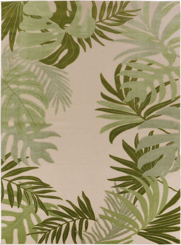 HomeRoots 12' X 15' Coastal Ivory and Green Palm Leaf Area Rug – Durable, Stylish for Indoor/Outdoor Living Spaces 548132