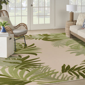 HomeRoots 12' X 15' Coastal Ivory and Green Palm Leaf Area Rug – Durable, Stylish for Indoor/Outdoor Living Spaces 548132