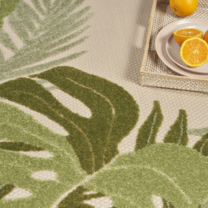 HomeRoots 12' X 15' Coastal Ivory and Green Palm Leaf Area Rug – Durable, Stylish for Indoor/Outdoor Living Spaces 548132