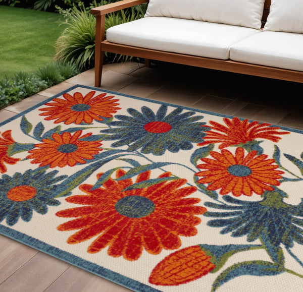 HomeRoots 12' Indoor Outdoor Area Rug - Vibrant Floral Design in Ivory, Green, Orange, Blue & Red for All Spaces! 548134
