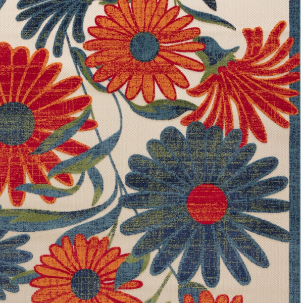 HomeRoots 12' Indoor Outdoor Area Rug - Vibrant Floral Design in Ivory, Green, Orange, Blue & Red for All Spaces! 548134