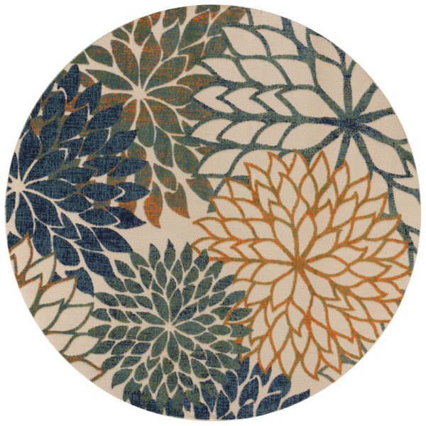 HomeRoots 5' Floral Area Rug in Blue, Green & Yellow – Durable, Stain-Resistant for Indoor & Outdoor Use! 548136