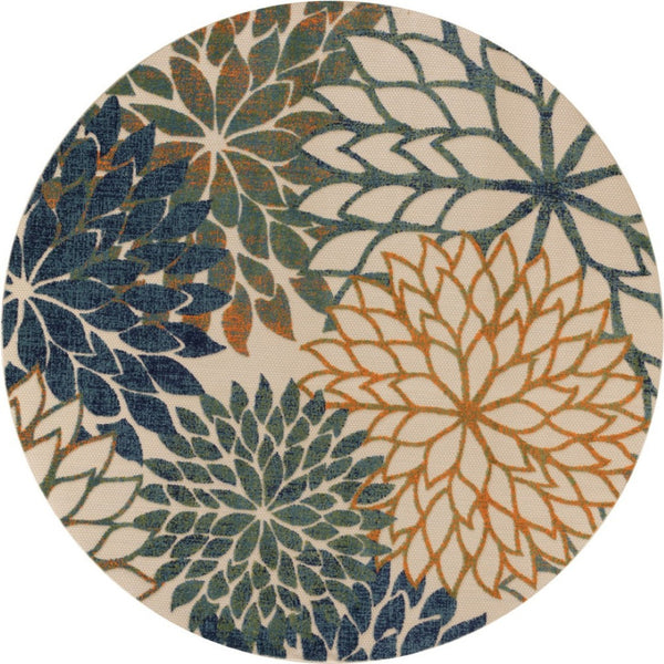 HomeRoots 5' Floral Area Rug in Blue, Green & Yellow – Durable, Stain-Resistant for Indoor & Outdoor Use! 548136
